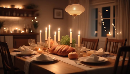 Beautiful table setting with croissants and candles on blurred backgroundの素材