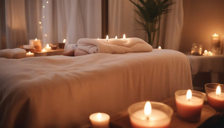 Beautiful spa composition with candles and towel on bed in room, closeupの素材