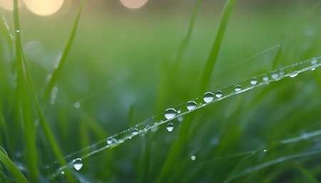 Fresh green grass with dew drops close up. Nature background.の素材