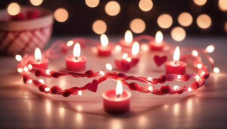 Valentine's day background with burning candles and bokehの素材