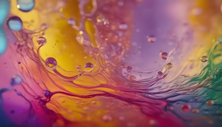 Close up of oil drops on water surface, abstract colorful background.の素材