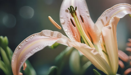 Beautiful pink lily flower with water drops on petals closeupの素材