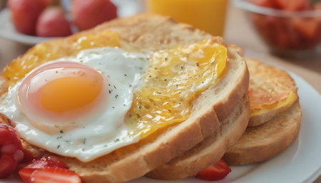 Breakfast with fried egg on bread, closeup. Healthy breakfastの素材
