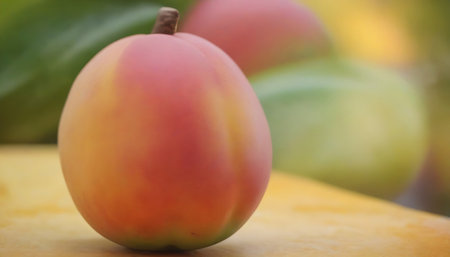 Peach fruit on the table in the garden. Selective focus.の素材