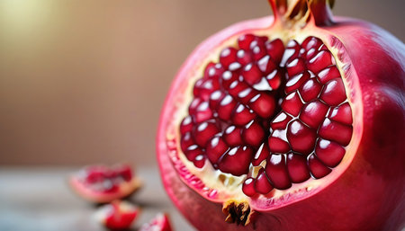 Ripe pomegranate fruit on wooden table, closeupの素材