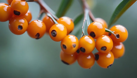 Sea buckthorn berries on a branch close-up macro photographyの素材
