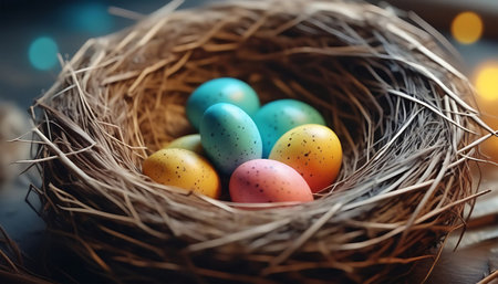 Colorful Easter eggs in nest on wooden background. Happy Easter concept.の素材