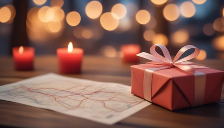 Gift box with red ribbon and map on wooden table with blurred bokeh backgroundの素材