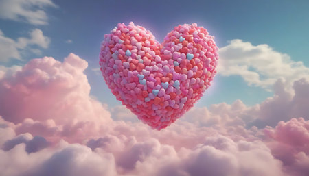 Pink heart against blue sky with white clouds 3d-illustrationの素材