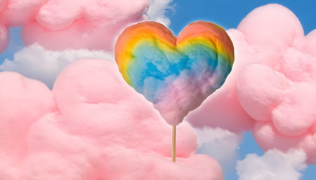 Rainbow heart shaped lollipop against a blue sky with cloudsの素材