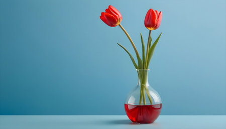 Red tulips in glass vase on blue background with copy spaceの素材