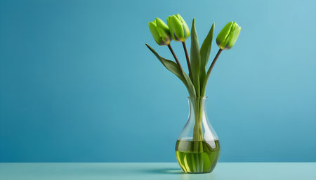 Tulips in a vase on a blue background. Spring flowers.の素材