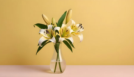 Bouquet of white lilies in vase on yellow backgroundの素材