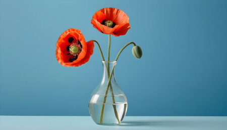 Red poppies in a vase on a blue background.の素材