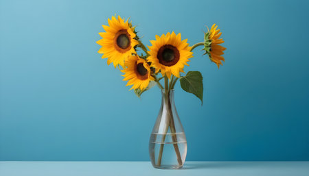 Bouquet of sunflowers in vase on blue backgroundの素材