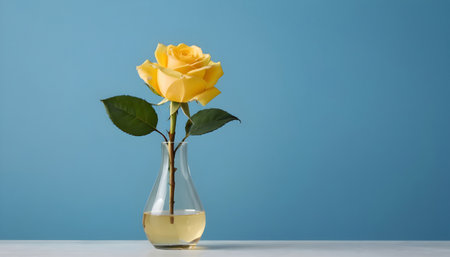 Yellow rose in a glass vase on a blue background with copy spaceの素材