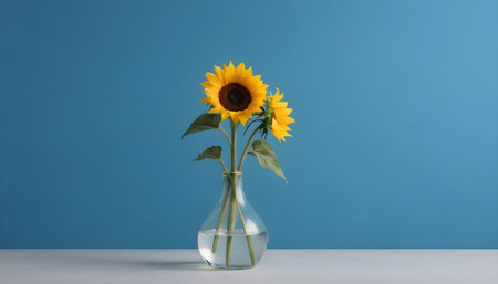 Sunflowers in a vase on a white table and blue background