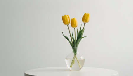 Yellow tulips in a vase on a white table against a white wallの素材