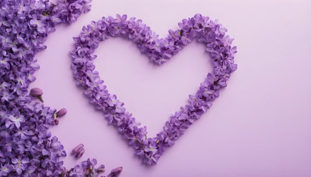 Purple lilac flowers in the shape of a heart on a pink backgroundの素材
