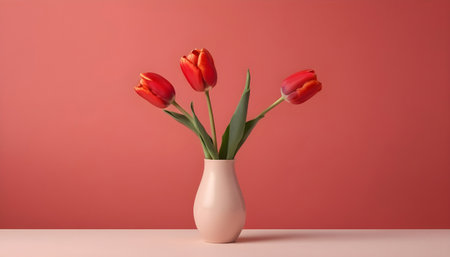 Bouquet of red tulips in vase on pink background. Close up viewの素材