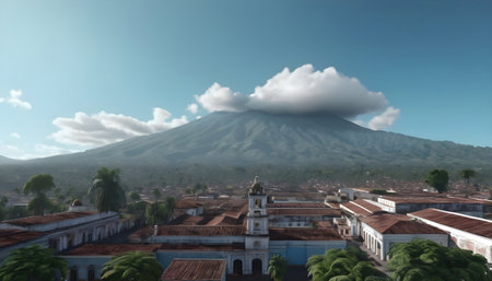Panoramic view of the city with the volcano in the background. Antigua Guatemalaの素材
