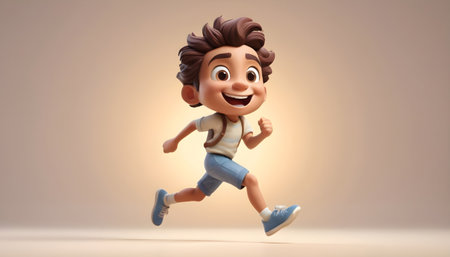 3D illustration of a cute boy running in a hurry, 3D renderingの素材