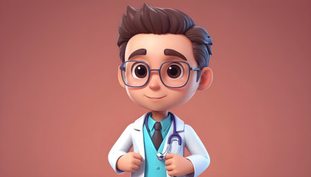 3D illustration of a cartoon character with stethoscope and glassesの素材
