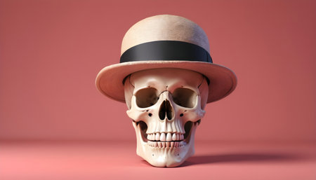 Skull in hat and bowler on pink background. 3d illustrationの素材
