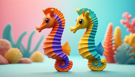 3d rendering of colorful seahorses and corals background.の素材