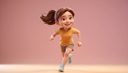 Happy little girl running on a pink background, 3d rendering.の素材