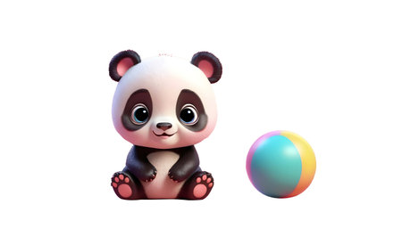 Cute panda and colorful ball isolated on white background with clipping pathの素材