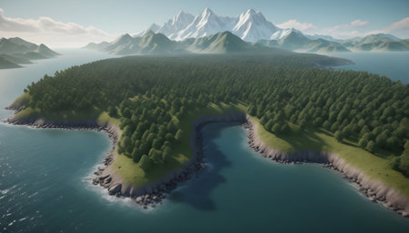 Aerial view of the lake and mountains. 3D Renderingの素材