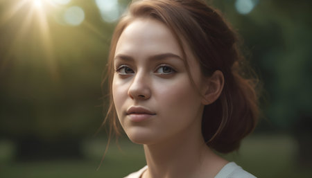 Portrait of a beautiful young woman in the park at sunsetの素材