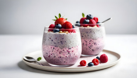 Chia seed pudding with raspberry, blueberry and mint in a glassの素材