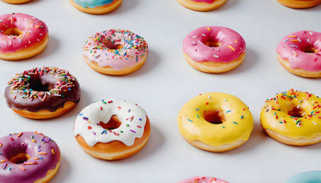 Colorful glazed donuts with sprinkles on a white backgroundの素材