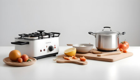 Kitchen utensils on white table, closeup. Cooking conceptの素材