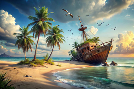 Tropical island with palm trees, boat and seagullsの素材