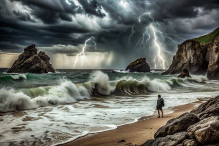 Stormy weather at the beach with dramatic sky and stormy seaの素材