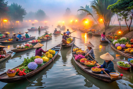 Unidentified Thai people sell fruits and vegetables at the floating market in Ratchaburi, Thailand.の素材