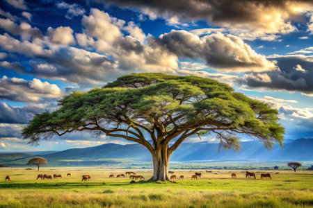 African landscape with acacia tree in Serengeti National Park, Tanzaniaの素材