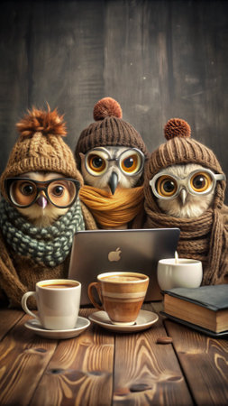 Coffee and owl on a wooden table with books and laptopの素材