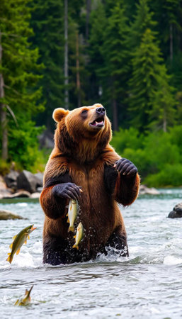 Brown bear fishing salmon in Katmai National Park, Alaska, USAの素材