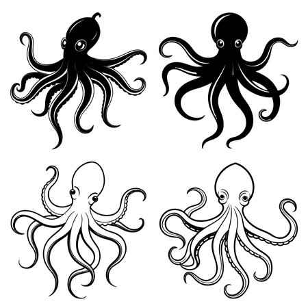 Set of octopus silhouettes isolated on white background. Vector illustration.のイラスト素材