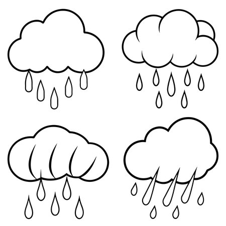 Set of black and white clouds with raindrops. Vector illustration.のイラスト素材