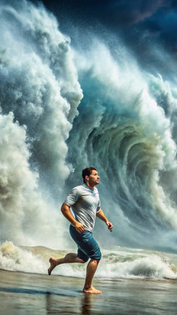 Portrait of a strong man running on the beach against the background of a stormy sky.の素材