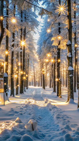 Beautiful winter park with snow covered trees and lanterns at sunsetの素材