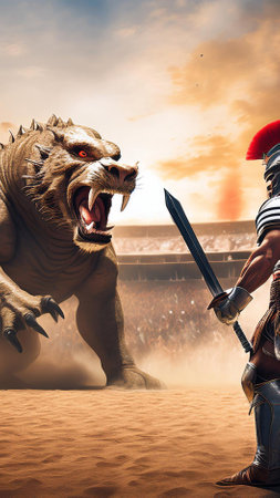 Ancient warrior with a sword and a dinosaur. 3d rendering.の素材
