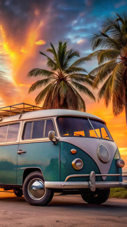 Vintage camper van on the beach at sunset, Cuba.の素材