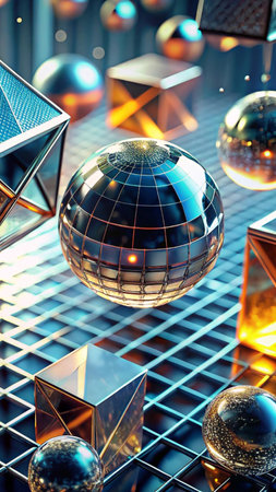 3D illustration of abstract geometric composition with spheres and cubes. 3D rendering.の素材