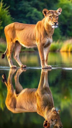 Lioness drinking water in Okavango Delta, Botswana, Africaの素材